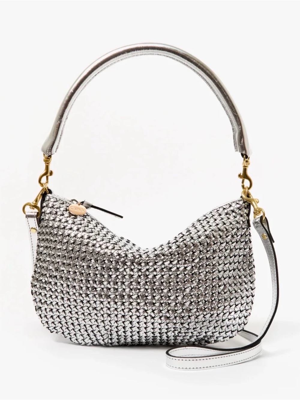 Clare V. Petit Moyen Messenger in silver woven leather